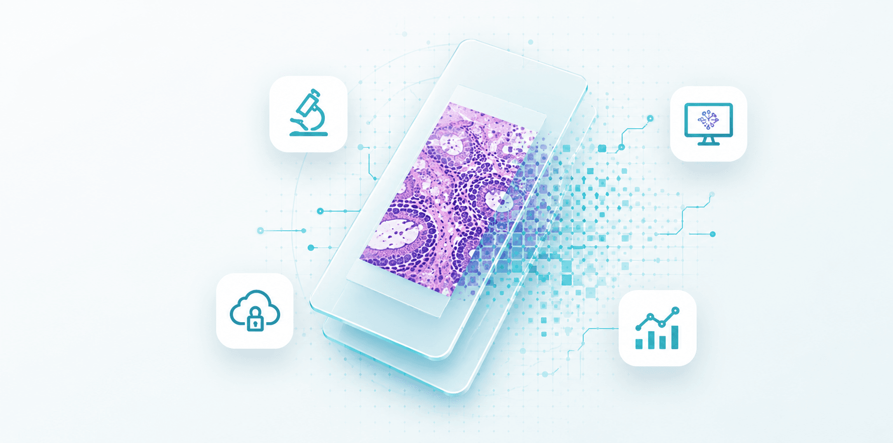 Digital pathology workflow infographic showing scanning, secure image management, AI-enabled analysis, collaboration, and pathologist review